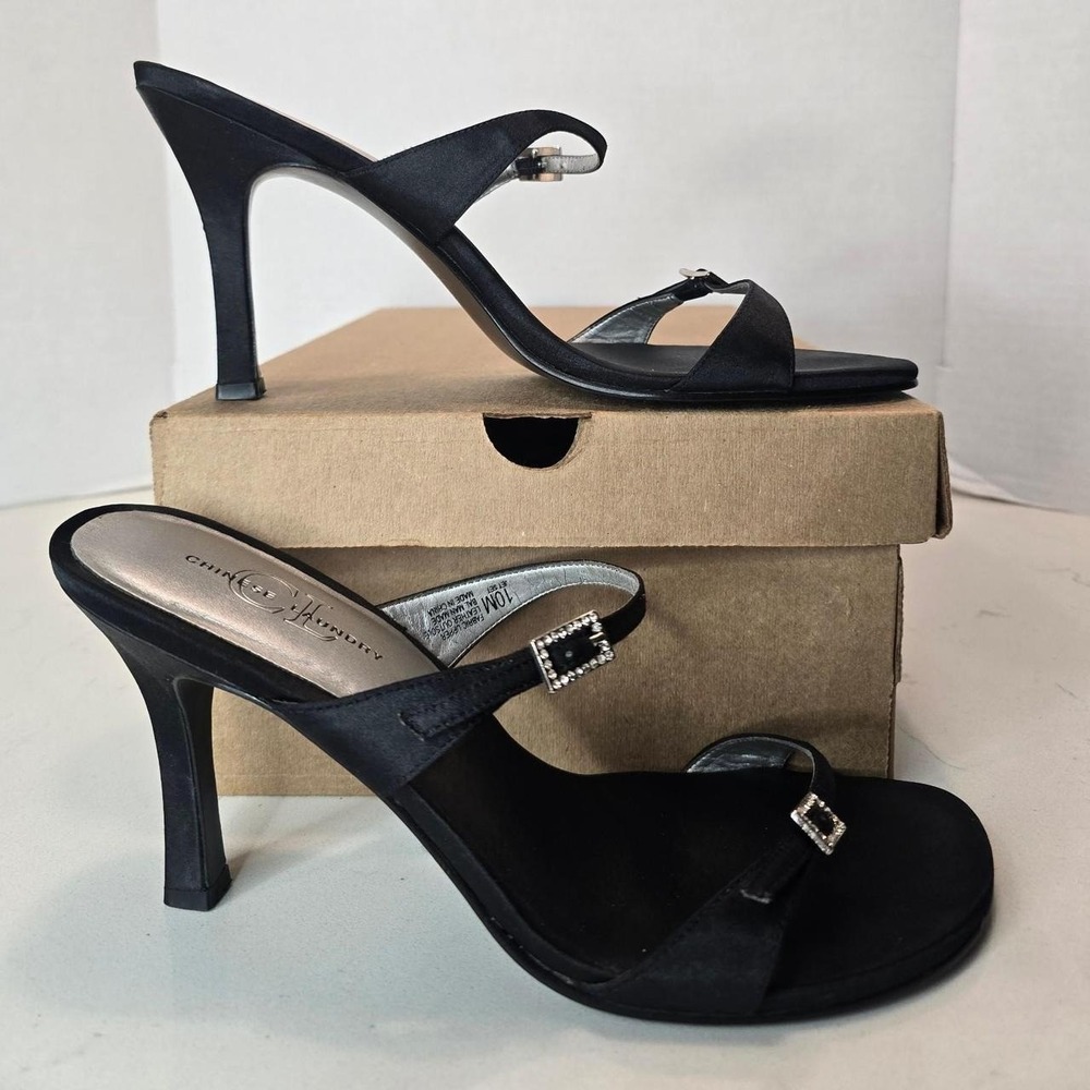 Chinese Laundry Black Satin Strap Heels with Rhinestones Buckles in Size 10